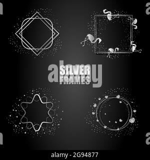 Set aus silbernen Metallrahmen mit Vektorgrafik. Vektor isolierte Objekte auf schwarzem Hintergrund. Für Hochzeitseinladungen, Geburtstagskarten, Banner, Stock Vektor