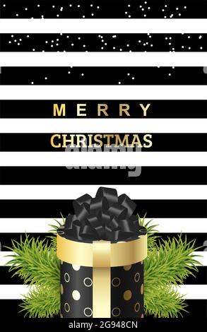 Weihnachtsgeschenk mit grünen Zweigen der Fichte. Verpackung schwarz Gold Box mit Kreisen und einer schwarzen Schleife. Vektor-Streifen Hintergrund für Banner, Karten, Auto Stock Vektor
