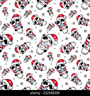 Set von Pandas kawaii santa nahtlose Muster. Nette Vektor glücklich Bär in weihnachtshut macht einen Schneemann. Druck für Textil. Packpapier, Banner und c Stock Vektor