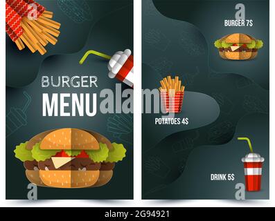 Farbenfrohes Fast Food-Vektormenü auf weißem Hintergrund. Fastfood Hamburger Dinner und Restaurant Papier geschnitten Stil Stock Vektor