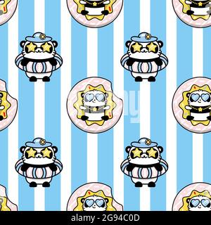 Süßer Panda Kawaii Bär auf See Sommerurlaub. Vektor flach nahtlose Farbmuster in linearem Stil Stock Vektor