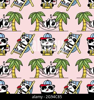 Süßer Panda Kawaii Bär auf See Sommerurlaub. Vektor flach nahtlose Farbmuster in linearem Stil Stock Vektor