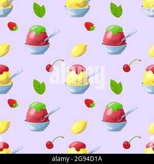 Traditionelles japanisches Dessert-Kakigori. Eischips mit Erdbeer- und Minzsirup. Vektor flach nahtloses Muster Stock Vektor