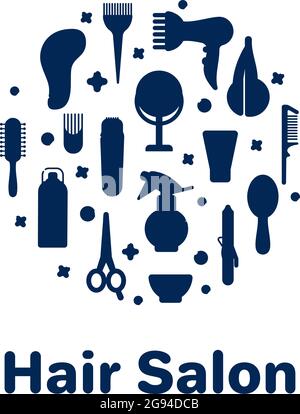 Symbole für Friseurladen. Werkzeuge für den Meister im Schönheitssalon. Haarbürste, Haartrockner, Schere, Shampoo. Vektor-Set aus flachen linearen Symbolen. Monochrom Stock Vektor