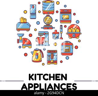 Küche elektrische Geräte zum Kochen. Flache Vektorsymbole in linearem Stil auf weißem Hintergrund. Isolierte Objekte Stock Vektor