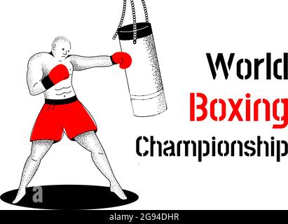 Boxer schlägt einen Boxsack. Trendige Vektor-flache Illustration isoliert auf weißem Hintergrund in linearem Stil. Stock Vektor