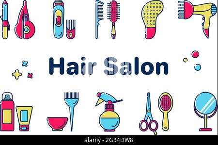Symbole für Friseurladen. Werkzeuge für den Meister im Schönheitssalon. Kamm für Haar, Haartrockner, Schere, Shampoo. Vektor-Set mit flachen Symbolen in linearem Stil Stock Vektor