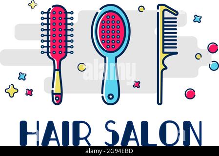 Symbole für Friseurladen. Werkzeuge für den Meister im Schönheitssalon. Rundkamm, Massage und Jakobsmuschel. Vorlage Grußkarte oder Grußkarte mit einem Ort Stock Vektor