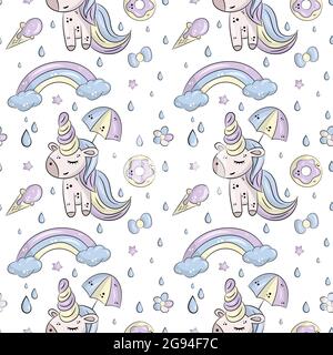 Vektor-Muster mit niedlichen Einhörnern, Wolken, Regenbogen und Sternen. Magischer Hintergrund mit kleinen Einhörnern Stock Vektor