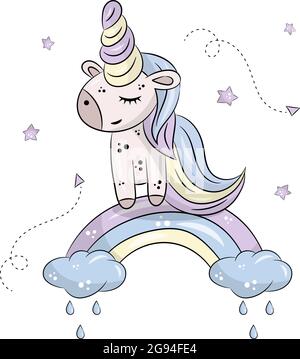Kleines niedliches Einhorn auf einem Regenbogen auf weißem Hintergrund mit Sternen. Vektorgrafik handgezeichnete Illustration. Stock Vektor