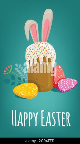 Vektor-Illustration zum Thema Ostern mit Kuchen, Eier und Kaninchenohren Cartoon-Stil. Verwendet für Banner, Karten, Grußkarten, Poster. Stock Vektor
