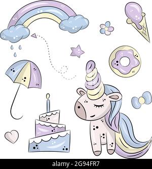 Vektorsatz isolierter Objekte auf weißem Hintergrund. Niedliches Einhorn, Kuchen und Donut. Regenbogen mit Wolken, Regen und Regenschirm. Herz mit Stern und Farbe. Stock Vektor