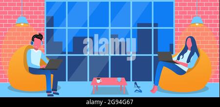 Mann und Mädchen in Kopfhörern mit Laptop in einer Stuhltasche. Büro im Loft-Stil, Panoramafenster. Coworking, Workflow. Vektor-flache Abbildung in der st Stock Vektor