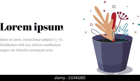 Topf mit Blumen und Blättern von Palmen und Monstera auf weißem Hintergrund. Flache Vektorgrafik, geeignet für Websites, Banner, Poster und PR Stock Vektor