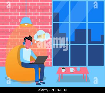 Mann in Kopfhörern mit Laptop in einer Stuhltasche. Büro im Loft-Stil, Panoramafenster. Coworking, Workflow. Vektorgrafik flache Illustration im Stil eines Stock Vektor