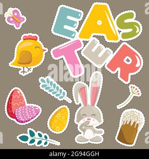 Vektor-Set von Elementen und Sticker auf Ostern Thema. Tiere und Flora, Briefe Stock Vektor