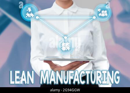 Schild mit der Anzeige Lean Manufacturing. Geschäftsidee Fokus auf die Minimierung von Verschwendung in Fertigungssystemen Lady Uniform Standing Tablet Hand Presenting Stockfoto