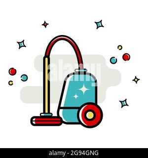 Vektor-Hintergrund von Zubehör für die Reinigung in einem flachen Stil. Staubsauger. Waschen des Bodens, Reinigen der Fenster. Linearer Stil. Stock Vektor