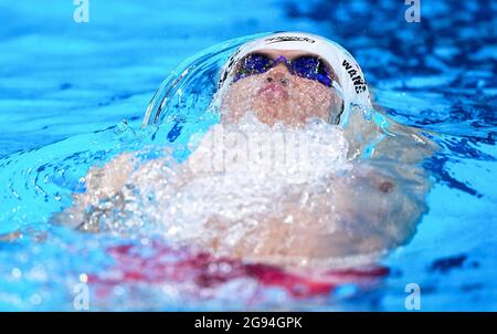 (210724) -- TOKIO, 24. Juli 2021 (Xinhua) Wang Shun tritt während der Vorläufe der 400-Meter-Einzelmedley der Männer der Olympischen Spiele 2020 im Tokyo Aquatics Center in Tokio, Japan, am 24. Juli 2021 an. (Xinhua/Xu Chang) Stockfoto