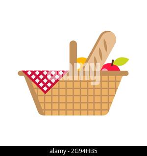 Vektorgrafik flach. Picknickkorb mit Essen. Brot, Apfel, Orange und Servietten im Käfig. Auf weißem Hintergrund Stock Vektor