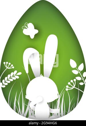 Osterhase aus Papier mit Schatten auf die Natur geschnitten. Vektorgrafik in Form eines Eies auf weißem Hintergrund, Stock Vektor