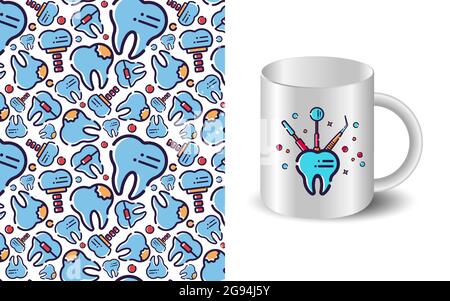 Vektor nahtloses Muster auf zahnärztliche Thema. Zähne und Ausrüstung für Zahnärzte. Realistisches Mockup der Tasse. Verwendet für Hintergründe, Karten, Hintergrundbilder Stock Vektor