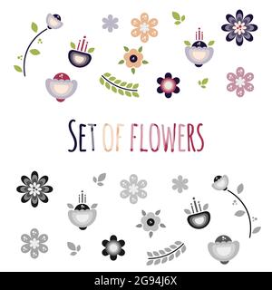 Vektor-Set von flachen abstrakten Blumen auf einem weißen Hintergrund. Farbig und monochrom. Stock Vektor