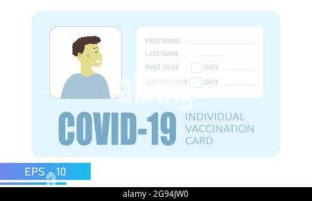 Impfkarte Covid-19. Mann aus Asien. Mit den Daten des Karteninhabers, dem Foto und den Daten zu den verabreichten Dosen. Stock Vektor