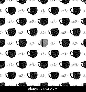 Vektor nahtloses Muster von Tassen Kaffee, Tee, Milch im skandinavischen Stil. Verwendet für Tapeten, Hintergründe, Geschenkpapier. Stock Vektor
