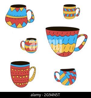 Vector Set von Tassen Tee, Kaffee, Milch, um die Hände im skandinavischen Stil zu ziehen. Isolierte farbige Objekte. Stock Vektor