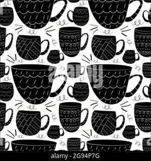 Vektor nahtloses Muster von Tassen Kaffee, Tee, Milch im skandinavischen Stil. Verwendet für Tapeten, Hintergründe, Geschenkpapier Stock Vektor