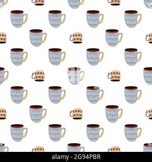 Vektor nahtloses Muster von Tassen Kaffee, Tee, Milch im skandinavischen Stil. Verwendet für Tapeten, Hintergründe, Geschenkpapier. Stock Vektor