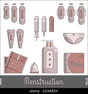 Hygieneprodukte für Frauen. Dichtungen, Tampons, Menstruationsschüssel und Slips. Isolierte flache Symbole und Objekte. Stock Vektor