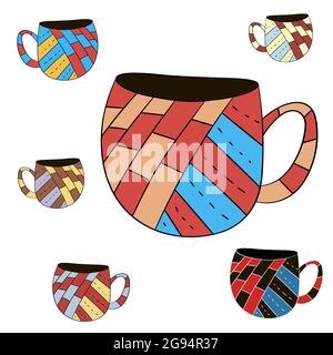 Vector Set von Tassen Tee, Kaffee, Milch, um die Hände im skandinavischen Stil zu ziehen. Isolierte farbige Objekte. Stock Vektor