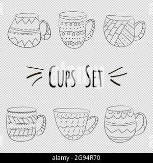 Vektor-Set von transparenten Tassen Tee, Kaffee, Milch, zeichnen mit Händen im skandinavischen Stil, Doodle isoliert monochrome Objekte ohne Füllung Stock Vektor