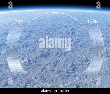 Tools zur Messung und Steuerung der Atmosphäre. Datenübertragung. Ozonloch. Satellitenverfolgung. Ansicht der Atmosphäre, Berge und Wolken, Erdkarte Stockfoto