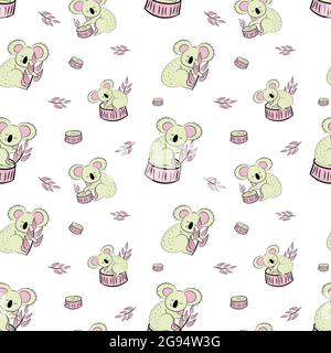 Niedlicher Bär Koala Doodle nahtloses Muster. Vektorhintergrund mit Koalas kann für Babytextilien, T-Shirt, Tapeten, Poster und mehr verwendet werden. Stock Vektor