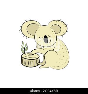 Koala, eine handgezeichnete Vektordarstellung eines niedlichen Koala, der Koala, der weißen Linie und der Hintergrundbäume. Stock Vektor