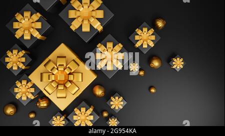Frohe Weihnachten und Happy New Year Banner Luxus-Stil., Top View realistische Gold und schwarze Geschenke-Box mit goldenen Weihnachtskugeln., 3d-Modell und illustre Stockfoto