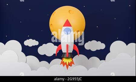 Rakete fliegen über Wolke gehen auf den Mond auf Galaxienhintergrund.Business-Startup-Konzept.3d-Modell und Illustration. Stockfoto