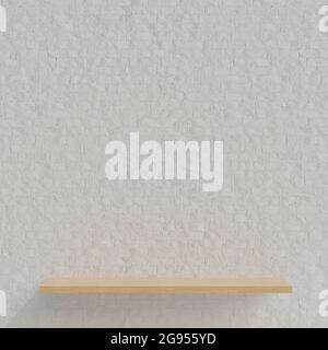 Holzregal für Produktpräsentation auf weißem Backstein Wand Hintergrund minimalistischen Stil. 3d-Modell und Abbildung. Stockfoto