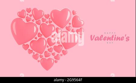 Happy valentine Day Banner mit vielen Herzen 3d-Objekte in Herzform auf rosa Hintergrund angeordnet., 3d-Modell und Illustration. Stockfoto