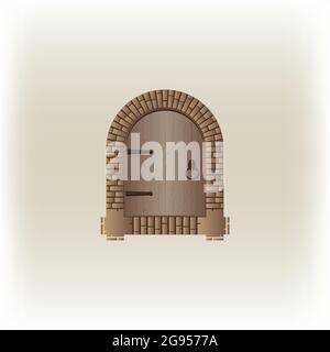 Altes Holzbogenfenster, geschlossenes Fenster, aus Holzplanken mit Eisenscharnieren, Illustration der Altstadtfenster Stock Vektor