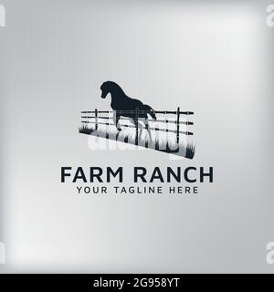 Pferd Silhouette hölzerne Zaun Paddock für vintage Retro rustikale Landschaft westlichen Land Farm Ranch Logo-Design Stock Vektor