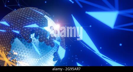 Polygonaler 3D-Globus mit globalen Linienverbindungen.,Globales soziales Netzwerk.,3d-Modell und Illustration. Stockfoto