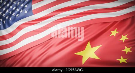 Schöne amerikanische und china Flag Wave Nahaufnahme auf Banner-Hintergrund mit Copy Space., Fügen zusammen Konzept., 3d-Modell und Illustration. Stockfoto