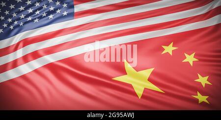 Schöne amerikanische und china Flag Wave Nahaufnahme auf Banner-Hintergrund mit Copy Space., Fügen zusammen Konzept., 3d-Modell und Illustration. Stockfoto