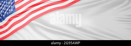 Schöne amerikanische Flagge Welle Nahaufnahme auf weißem Seidenbanner Hintergrund mit Kopierraum., 3d-Modell und Illustration. Stockfoto
