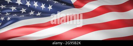 Schöne amerikanische Flagge Welle Nahaufnahme für Memorial Day oder 4. Juli auf Banner-Hintergrund mit Kopierraum., 3d-Modell und Illustration. Stockfoto