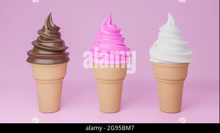 Soft Serve Eis aus Schokolade, Vanille und Erdbeere Aromen auf knusprigen Kegel auf rosa Hintergrund., 3d-Modell und Illustration. Stockfoto